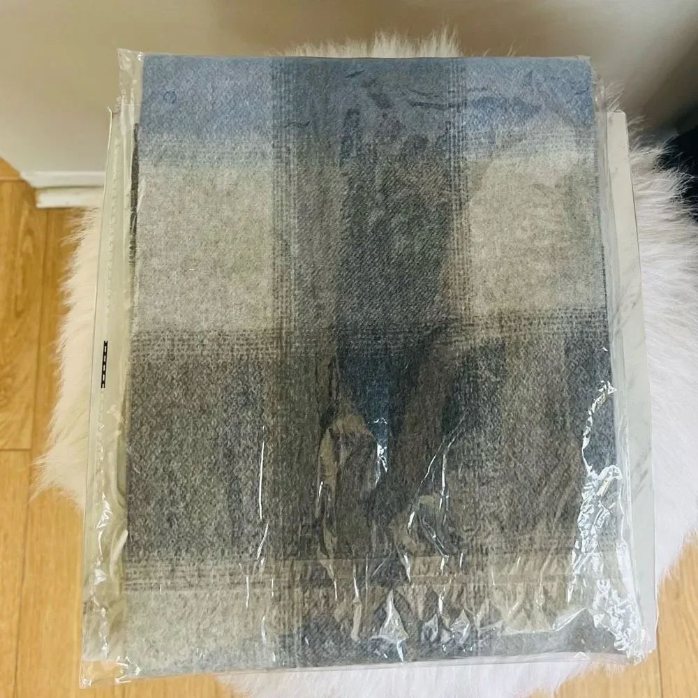 PHENIX Cashmere Mixed Weave Buffalo Plaid Scarf, Soft Luxurious, Blue Plaid, NWT